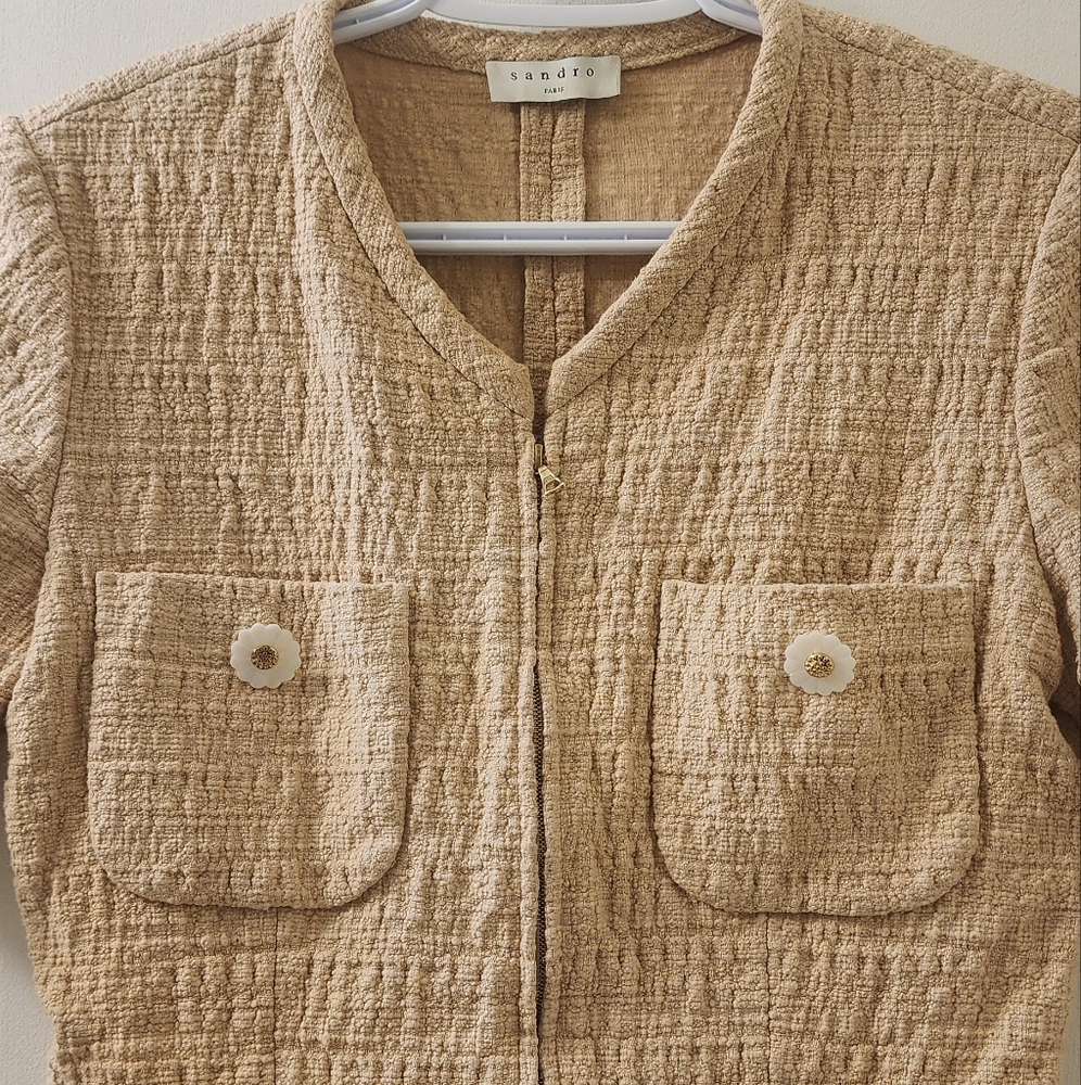 Sandro Paris Women's Tweed Tan Textured Short Sleeve Dress, Size 36. - Picture 3 of 7